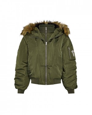Trapstar Women’s Script Fur Hood Bomber Khaki | TS-65161